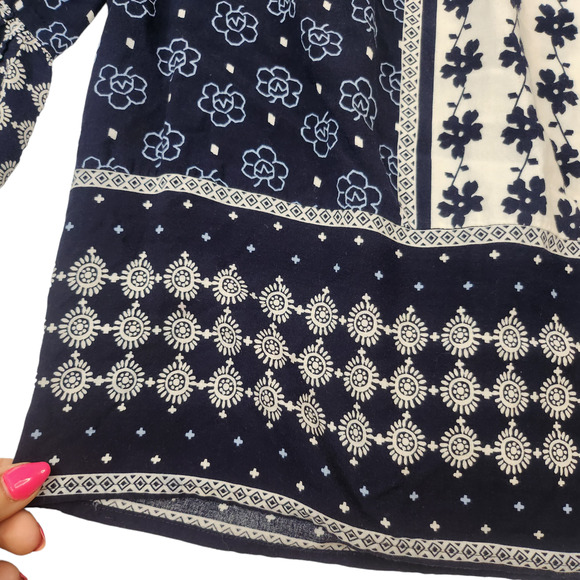 LOFT Shirt Medium Blue White Boho Poet Bell Sleeve Floral Peasant Blouse - Picture 5 of 10